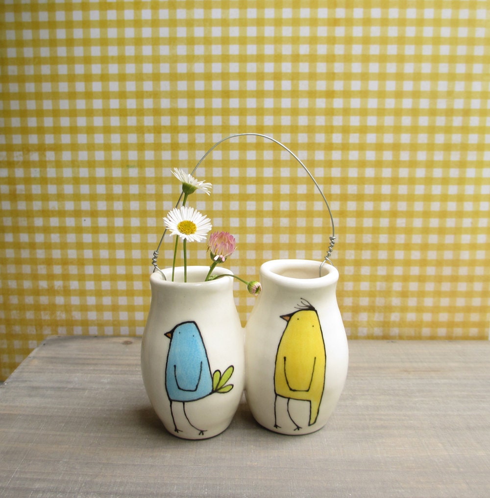 Bird vase, aqua blue and yellow, flower bud vase, hanging wall flower vase, spring baby nursery decor