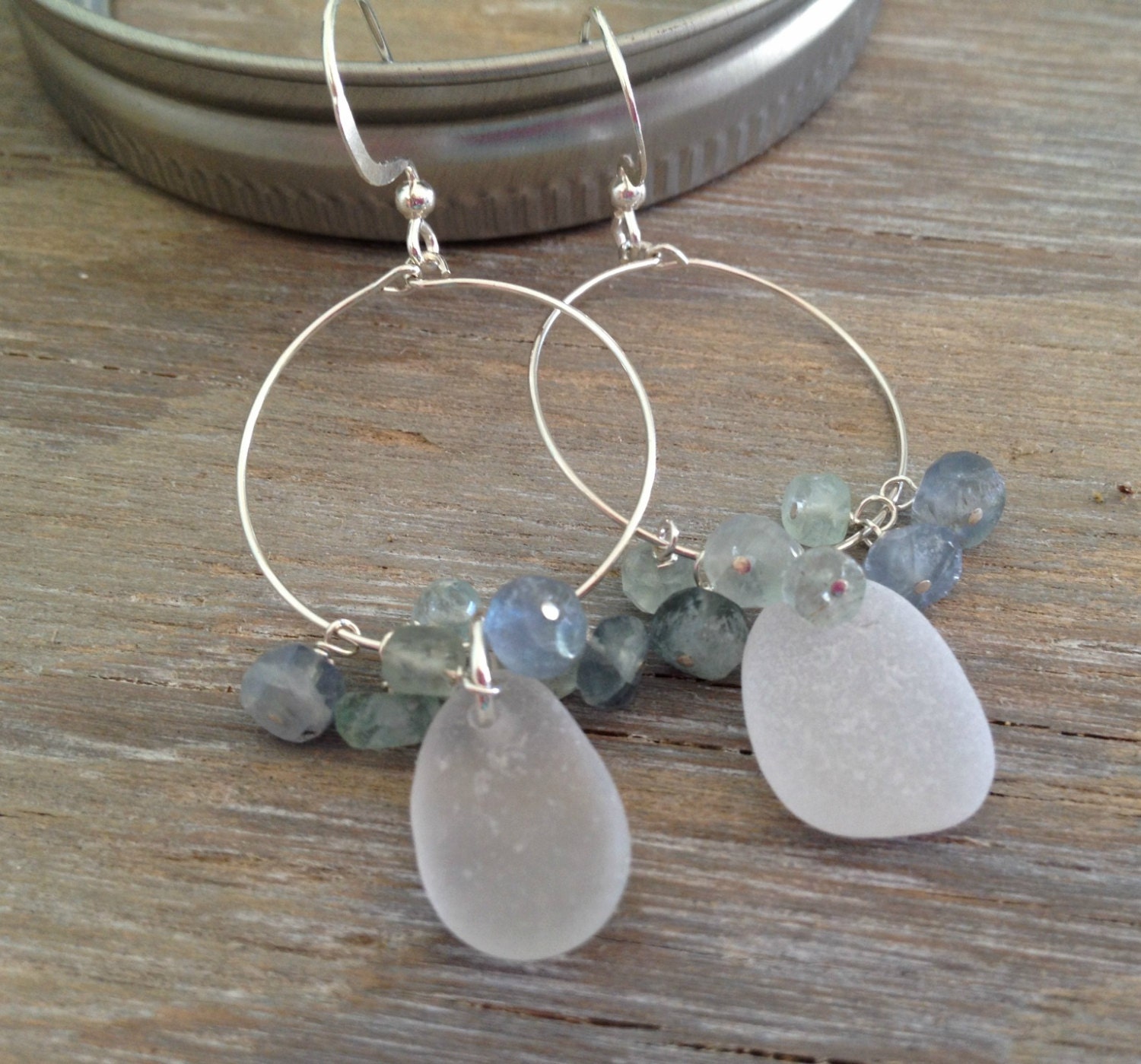 Sea glass Sterling Silver Hoop Earrings with Semi Precious Stones White Sea Glass