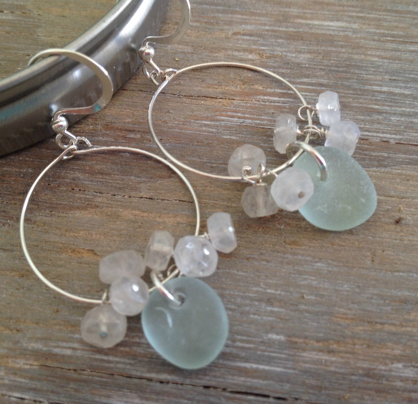 Sea glass Sterling Silver Hoop Earrings with Semi Precious Stones Aqua Sea Glass