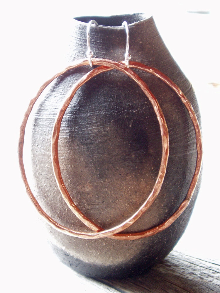 hammered copper earrings - artisan oval copper gypsy hoops with sterling silver ear wires- mixed metal jewelry - made to order
