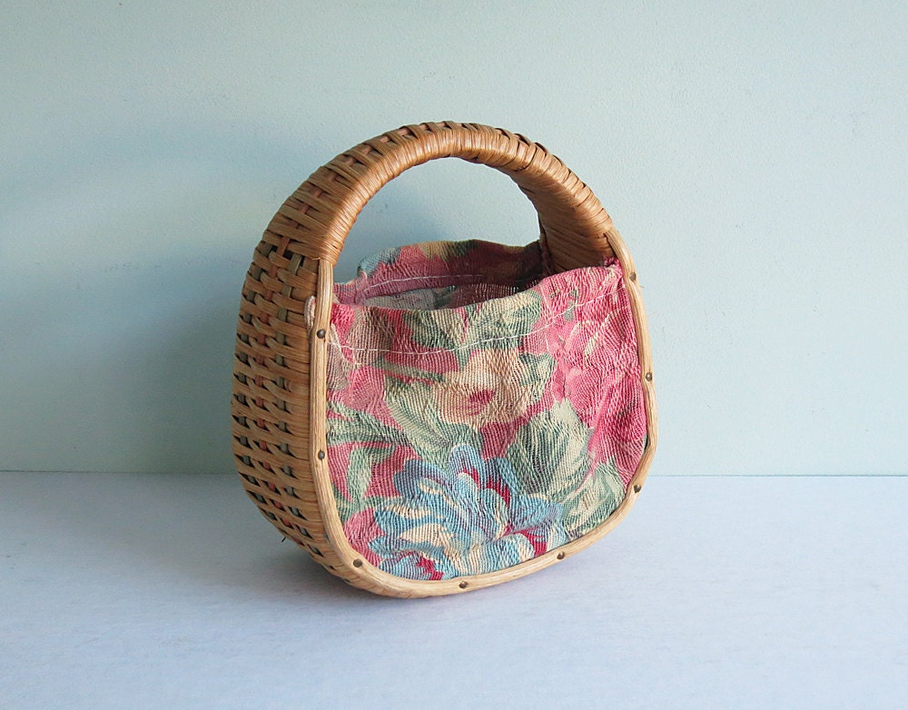 Small Wicker and Vintage Floral Bark Cloth Basket