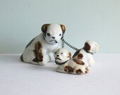 Vintage Porcelain Bulldog Figurines, A Mom and Two Puppies on Leashes