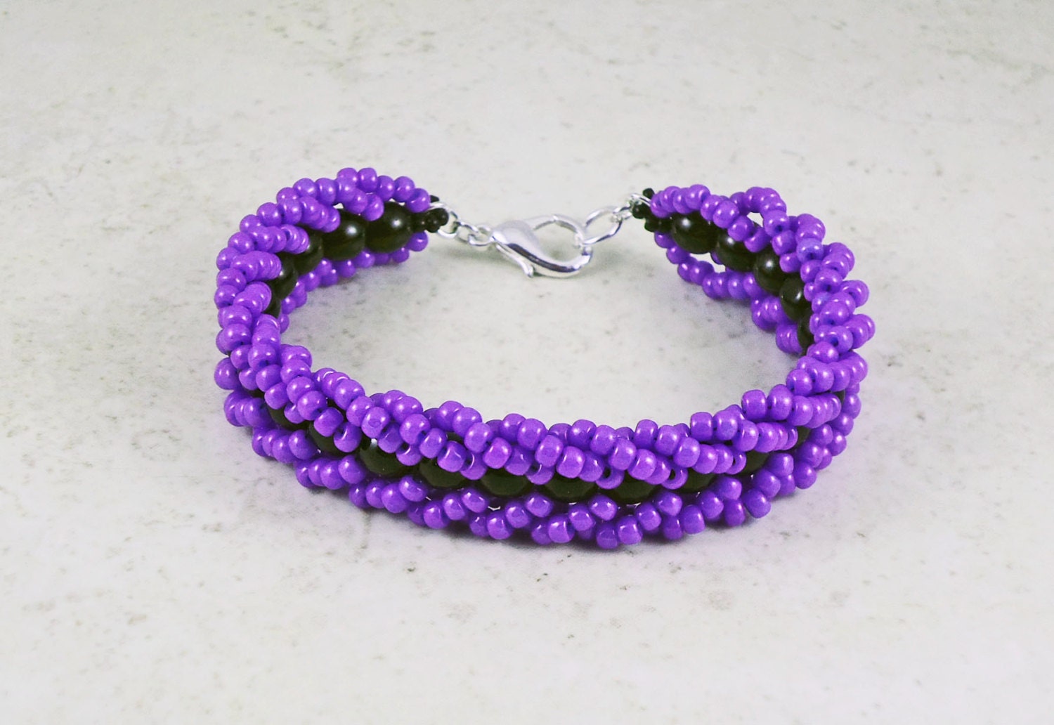 Purple Black Beadwork Cuff Bracelet Flat Spiral Free Shipping