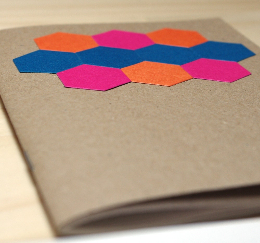 Recycled Mini Notebook / Pink, Orange & Blue Hexagons