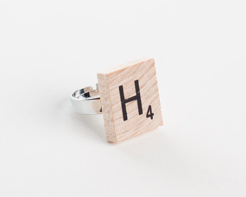 Adjustable Scrabble Tile Initial Ring // Silver Plated