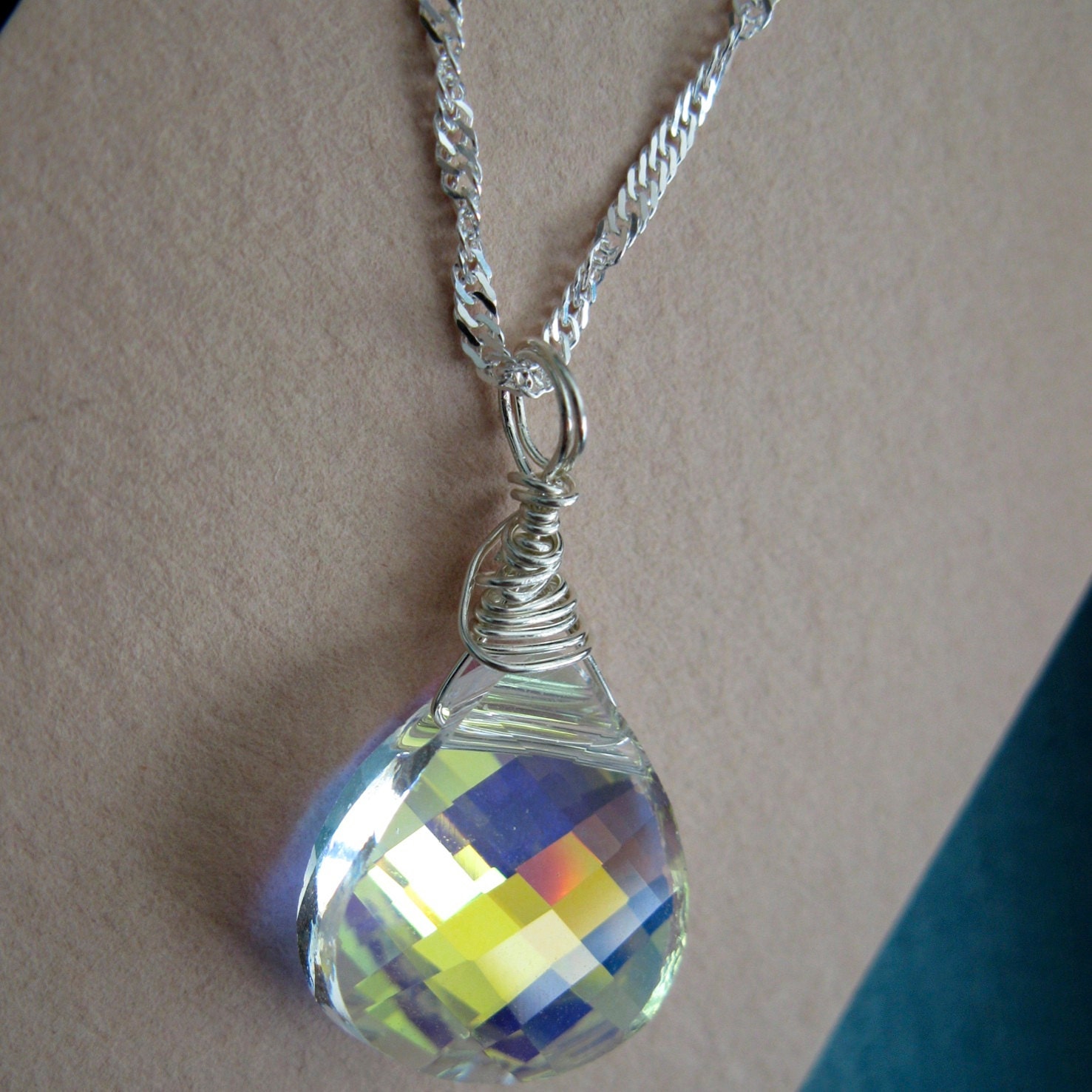 RYTZYKA. AB swarovski heart briolette crystal and sterling silver pendant necklace