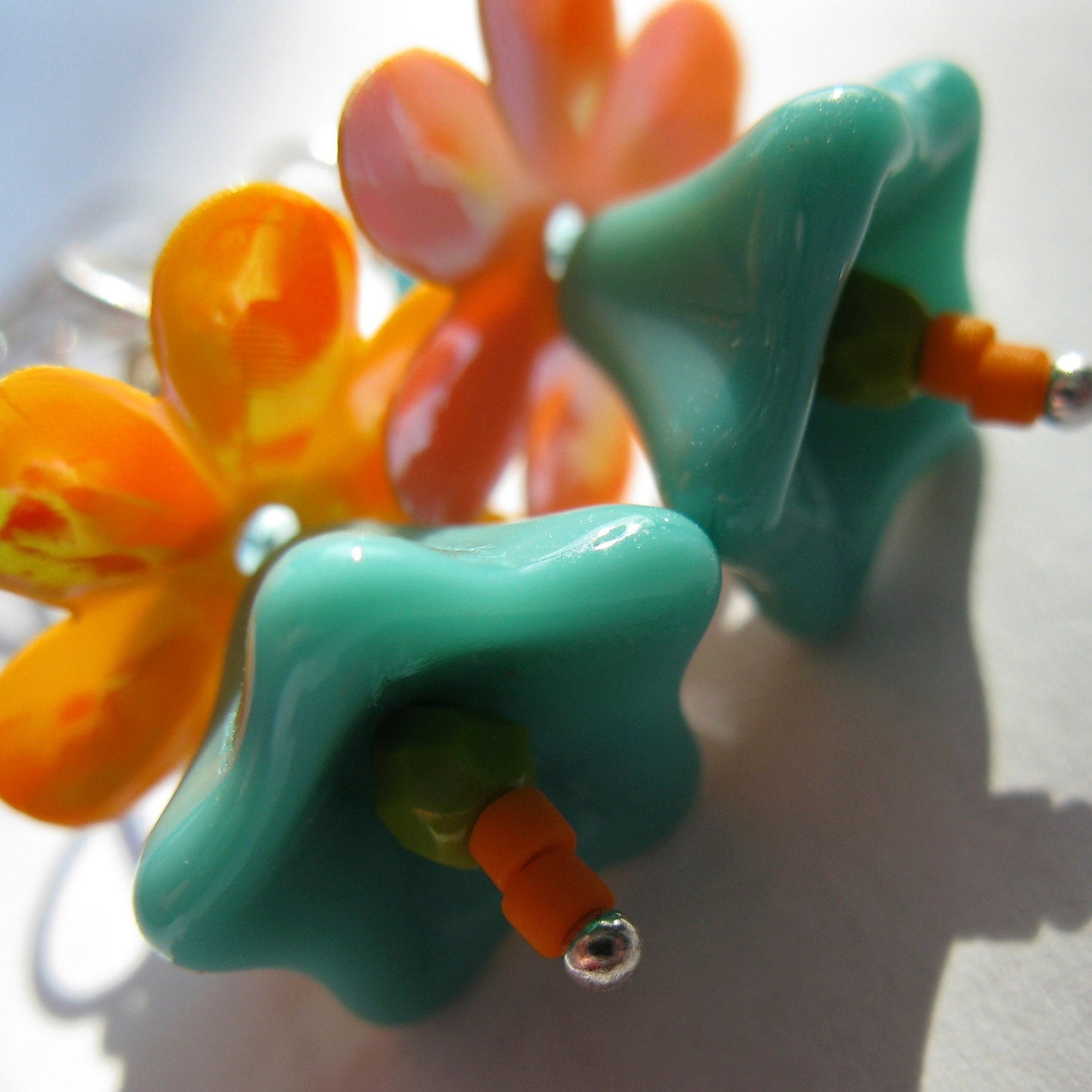 HARRIET. greenish turquoise and orange glass flower earrings for young ladies