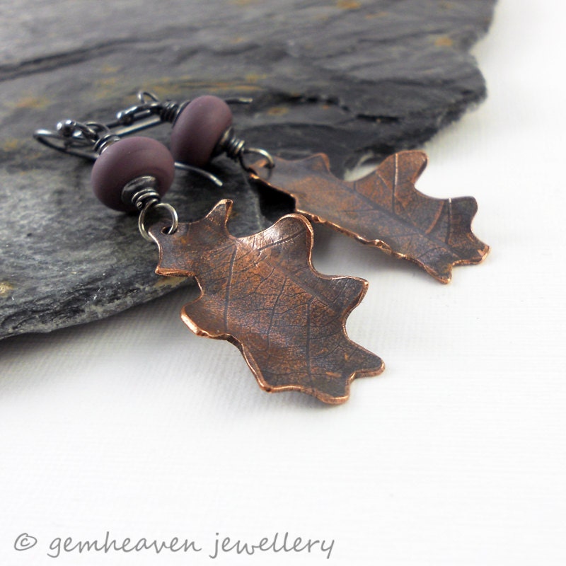 Sterling silver dangle earrings with copper leaves and lampwork  - Free Falling -