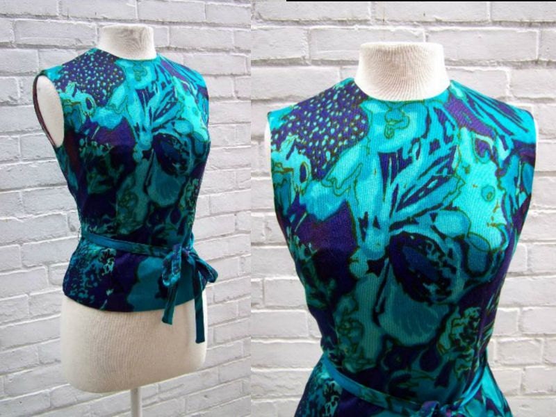 1960s Abstract Blue Swirl Fitted Wool Lined Top Mad Men