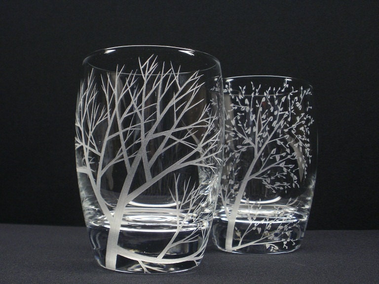 Two 12 oz. Double Old Fashioned Glasses Hand Engraved 'Reaching Branches' and 'Branches & Leaves' Juice Glasses Take 15% OFF At Checkout