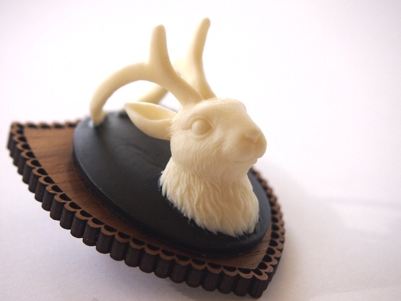 Mounted Jackalope Rabbit on Dark Wood Laser Cut Wood Brooch