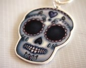 SALE Day of the Dead Grey Sugar Skull Girl Shrinky Silver Necklace