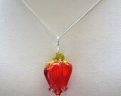 Mother's Day Pendant Necklace, Orange Red - Rose Buds Lampwork, SRA Artisan Glass Flowers, Swarovski Crystals, Italian Sterling Silver