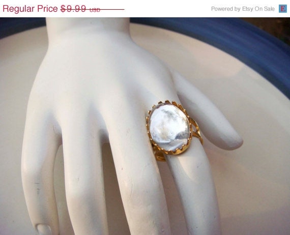 Summer Sale Vintage Adjustable Gold Toned Ring with Clear Cabochon