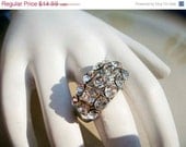 Summer Sale Vintage Chunky Cocktail Ring Silver Clear Rhinestones Size 8