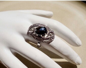 Summer Sale Vintage Sarah Coventry Silver Malachite stone Ring adjustable band