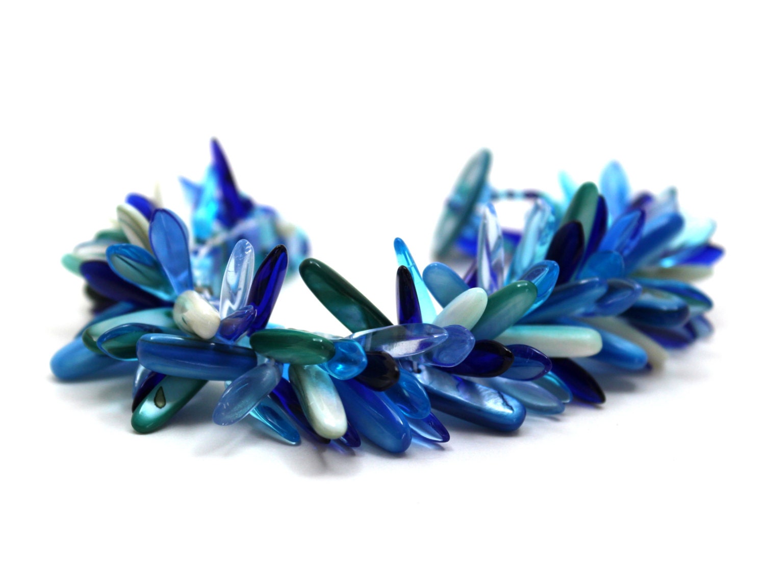 Beaded Cuff Bracelet - Chunky Dagger Fringed - Blue Light Dark Turquoise Navy by randomcreative on Etsy