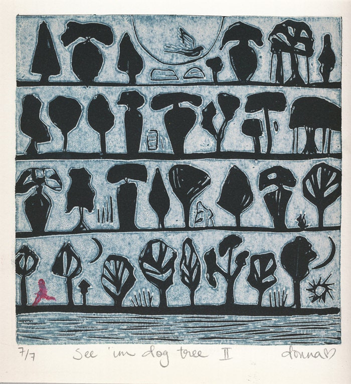 Original Lino Reduction Print by Donna Heart titled See Im Dog Tree Miss