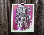 cartoony chic screen print: purple and black Cameos on mint green recycled paper (8x10")