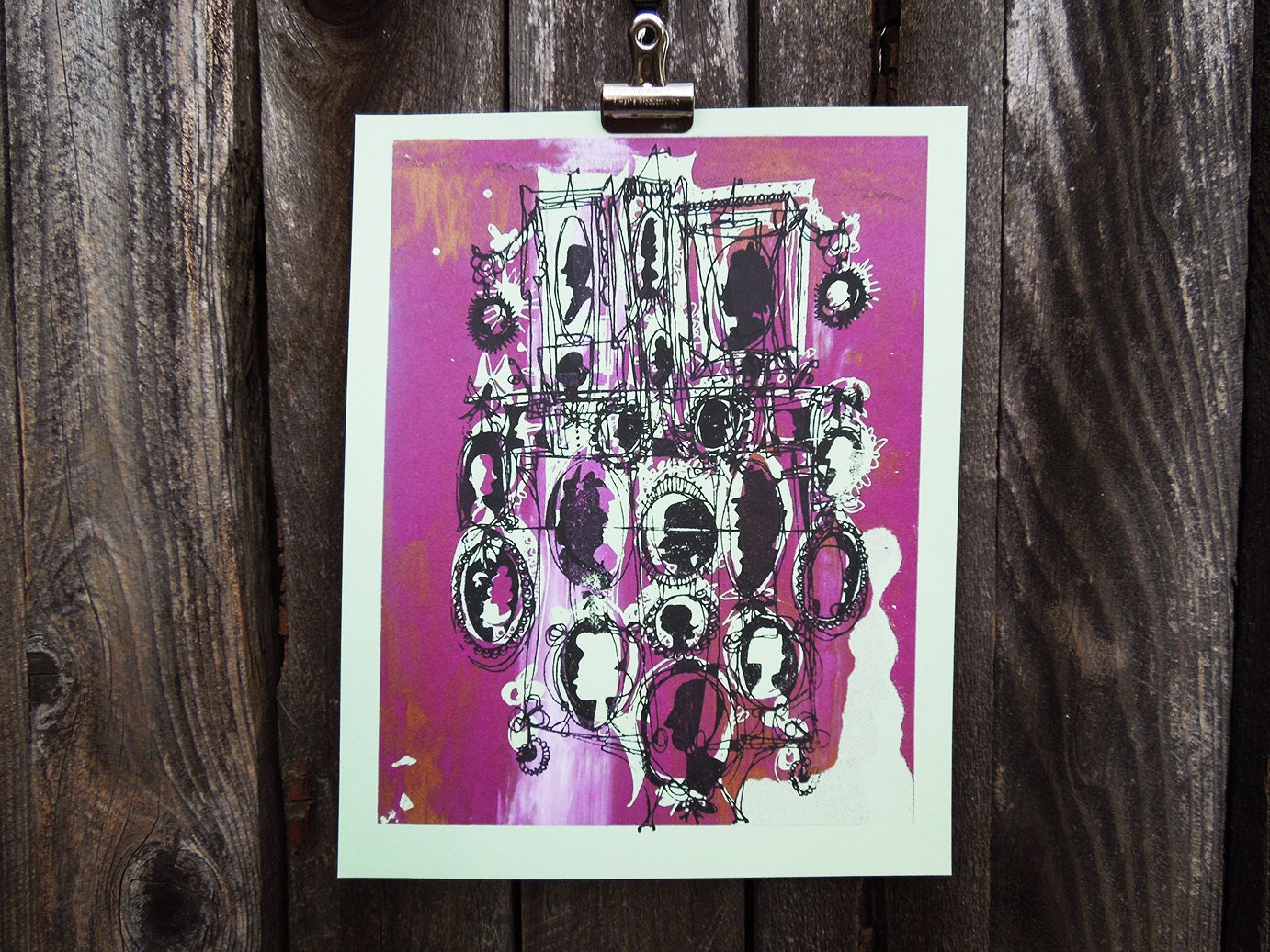 cartoony chic screen print: purple and black Cameos on mint green recycled paper (8 x 10)