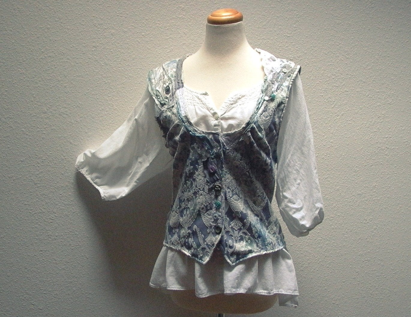 go for baroque. reconstructed brocade vest tattered romantic victorian steampunk waistcoat eco upcycled clothing pale gray lilac smoky blue