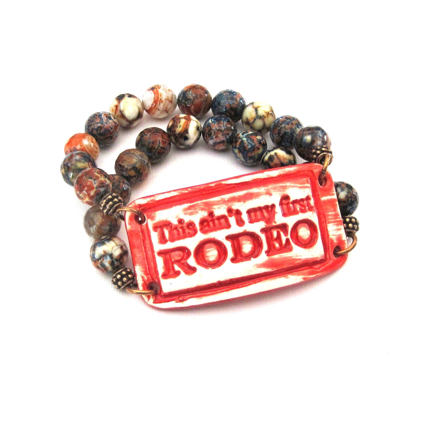 This Ain't My First Rodeo double strand stretch stack bracelet with agate beads in blue, red, white