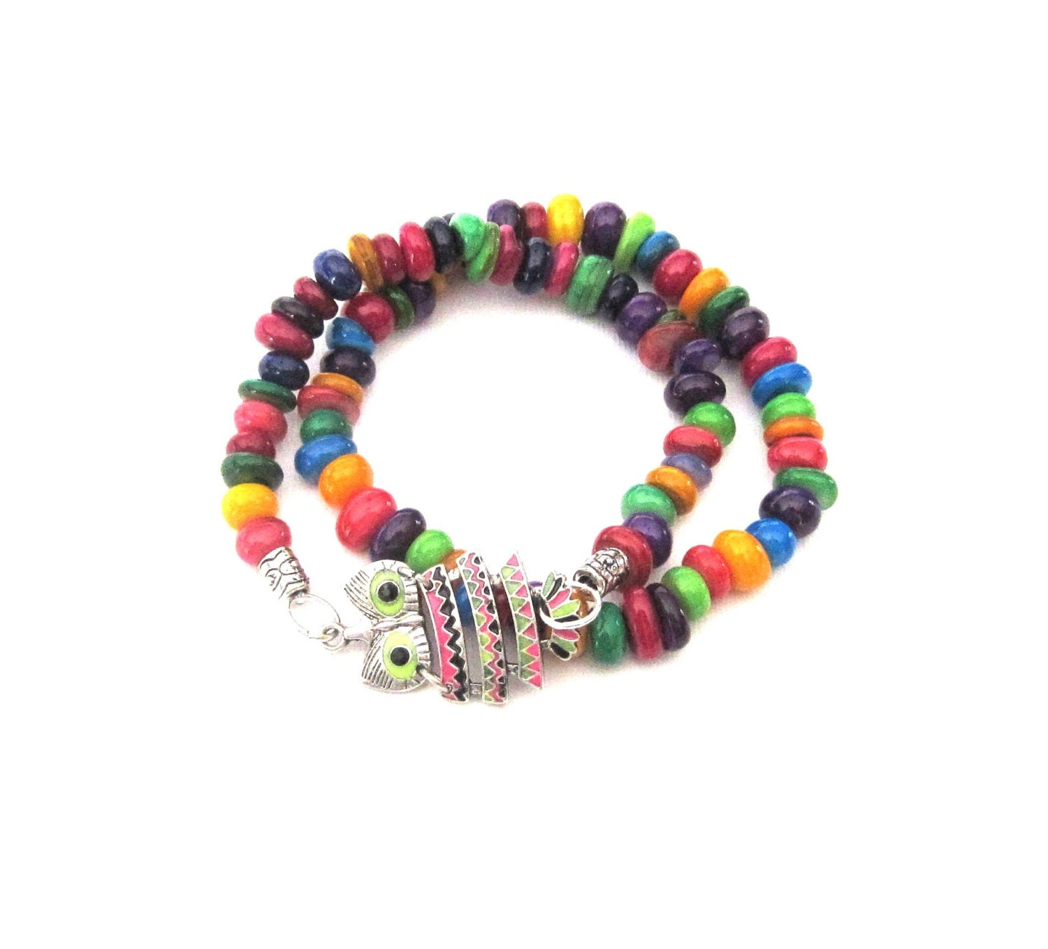 Owl Stretch Stack Bracelet with Bright Multicolor Color Beads pink, green, yellow, purple, blue Set of 2