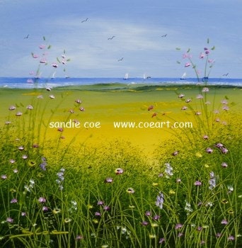 Original Oil Painting "Wildflower Seascape" 4x4 in 9x9 Double Mount Sandie Coe Art on Etsy