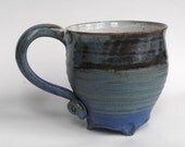 Mug- Walking Footed Mug, in Deep Blue and Brown- Spiral Handle, DISCOUNTED Rustic Stoneware