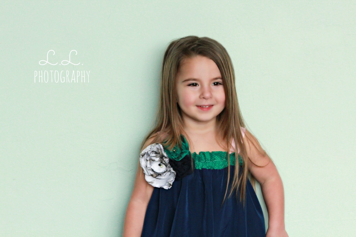 Navy and polka dots Lulu Dress  - featuring hand made flowers- sizes 6mo to 10