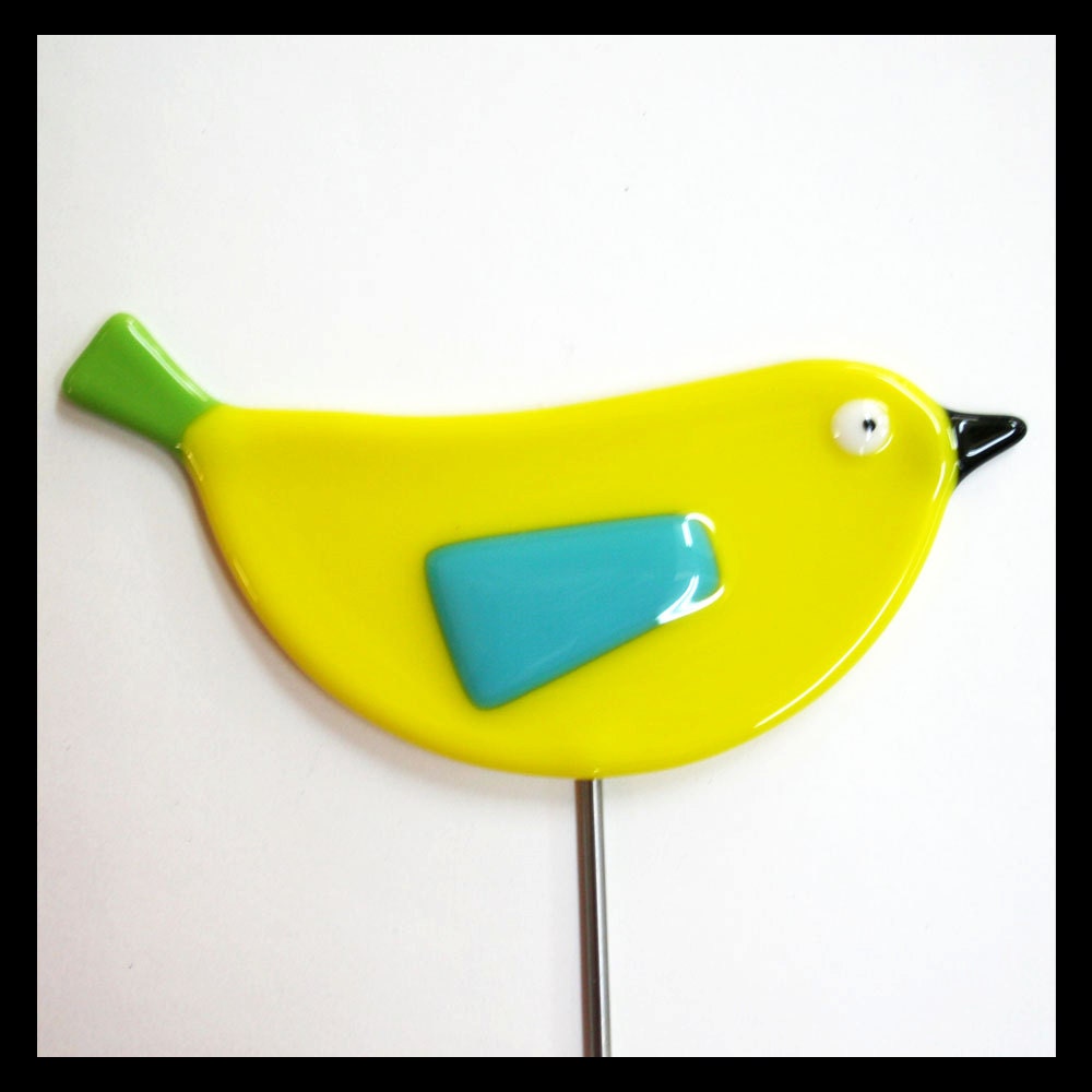 Glassworks Northwest - Yellow Bird Plant Stake - Fused Glass Garden Art