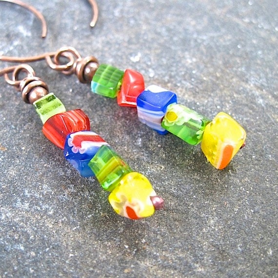 Millefiori Earrings Colorful Beads Boho Bohemian Hippie Long Dangles