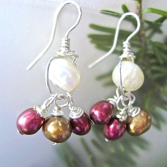 Colorful Pearl Earrings Sterling Silver Chandelier Cluster Dangles