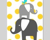 Modern Polka Dot Elephant Bird Silhouette Print - 8x10 - Choose Your Colors - Elephants and Baby Bird