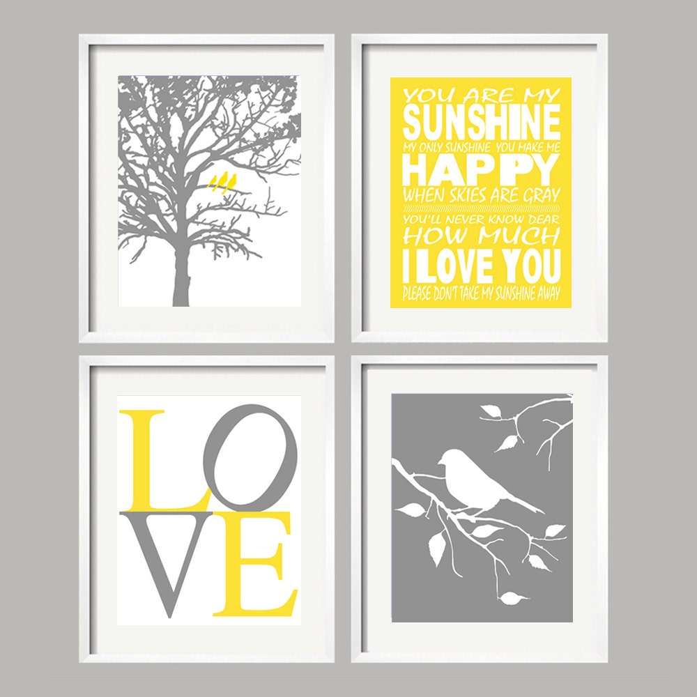Nursery Art - Yellow and Gray - Set of Four 11x14 Prints - You Are My Sunshine, LOVE, Birds in a Tree, Bird on a Branch - Choose Your Colors