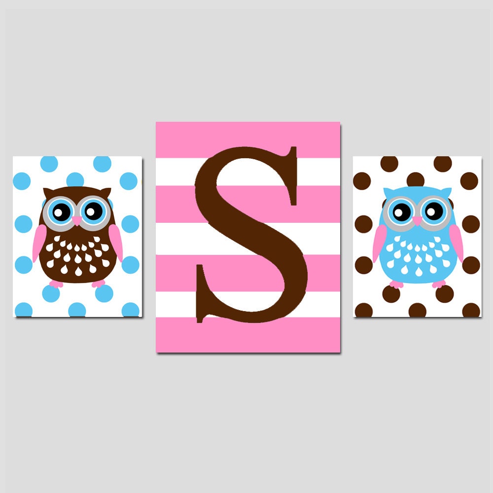 Nursery Art Trio - Set of Three Prints - 8x10 and 11x14 - Monogram Owls - Striped Initial and Polka Dot Owls - Choose Your Colors