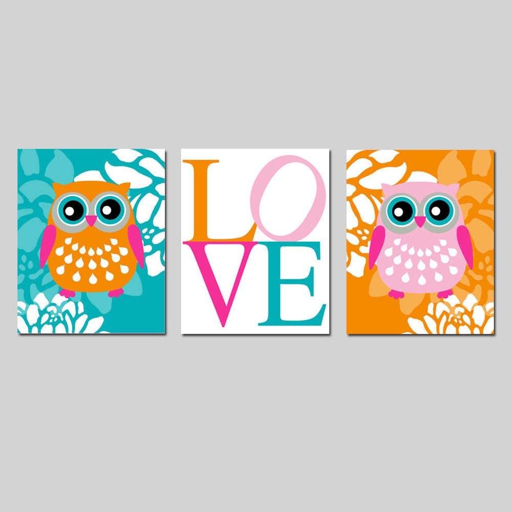 Modern Owl Love Floral Trio - Set of Three 8x10 Prints - Kids Wall Art - Nursery Decor - Choose Your Colors