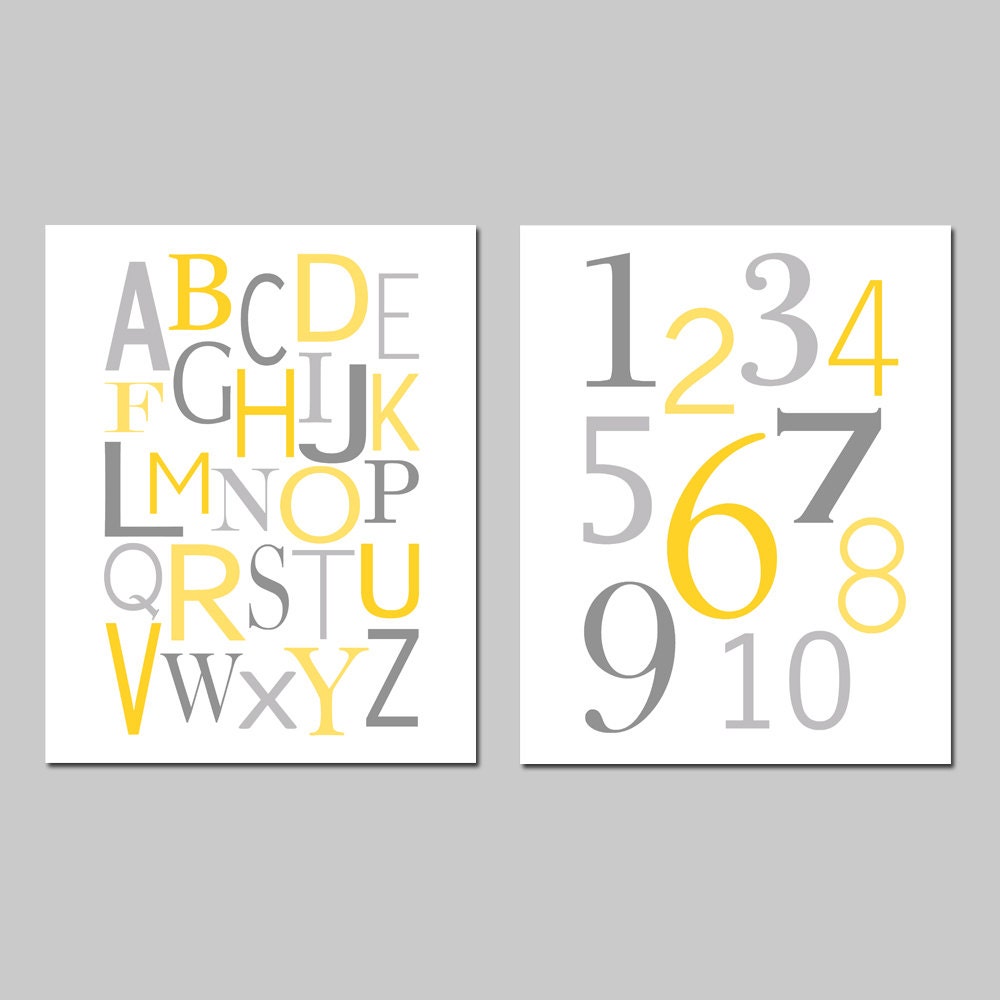 Alphabet and Numbers - Set of Two 8x10 Prints - Kids Wall Art or Modern Nursery Decor - Choose Your Colors - Shown in Yellow, Gray, and More