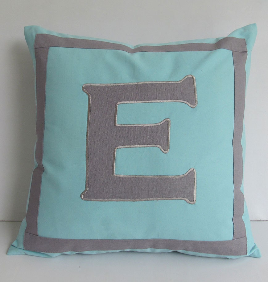 monogram pillow custom made -16 inches - aqua blue and gray