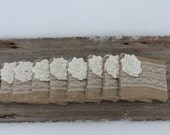8 Burlap and Lace Wedding Clutches - Bridesmaid Clutch - Bridal Party - You Choose The Color Flower and Lining