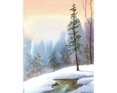 Winter Watercolor landscape painting ORIGINAL tree  snow at Sunset  peach lavender  7x10