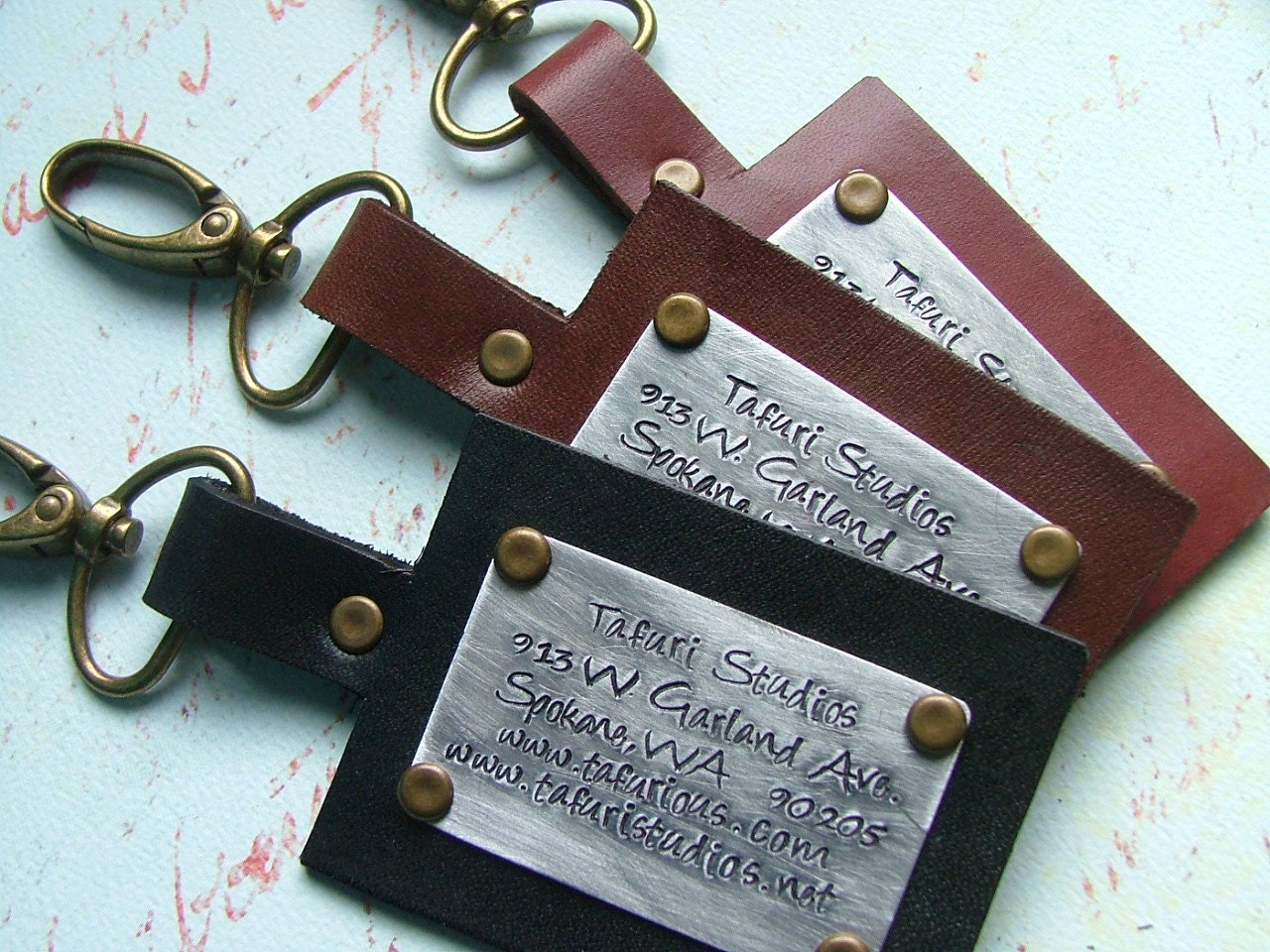 XL Custom Hand Stamped Set of Three Firm Black Brown or Red Leather and Aluminum Metal Luggage Tags by MyBella