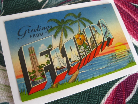 Vintage Florida 1940s linen postcard - Greetings from Florida