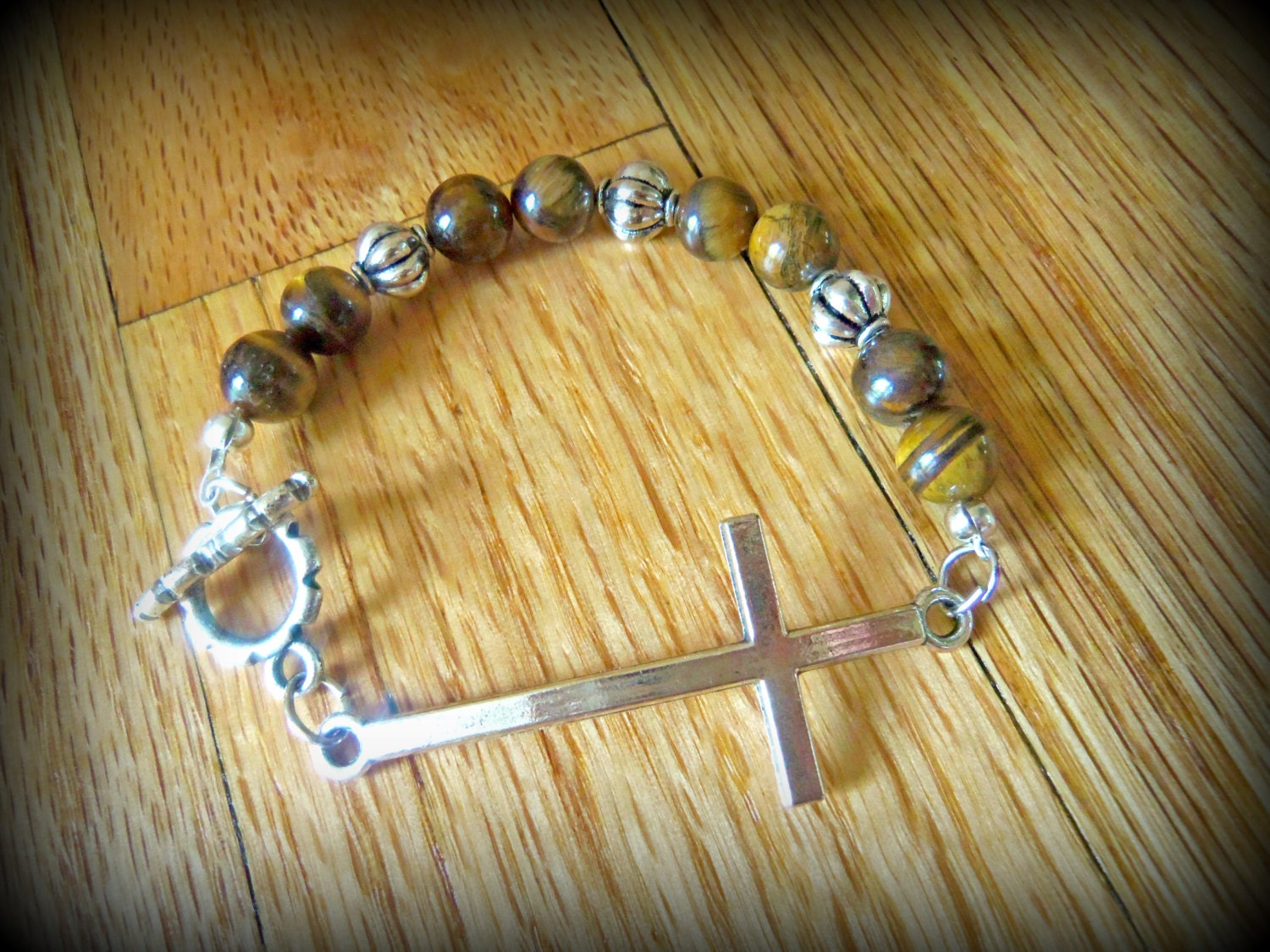 Tribal Silver Cross Bracelet with Tiger Eye Beads
