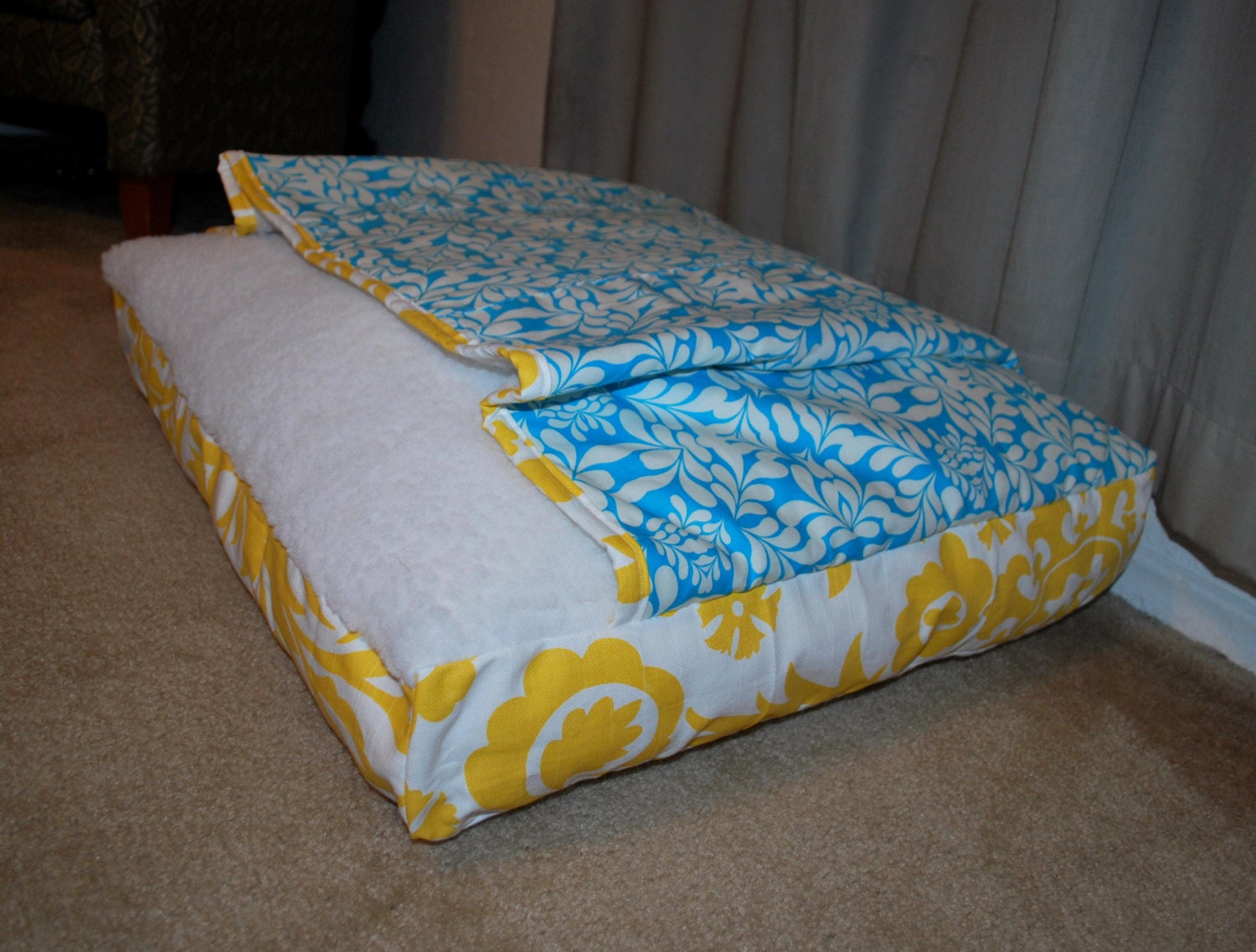 Teal Yellow Dog Cat Snuggle Bed
