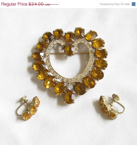 ON SALE Vintage Brooch Pin or Pendant Topaz and Clear Rhinestones Heart and Topaz Rhinestone Earrings Demi Parure Set
