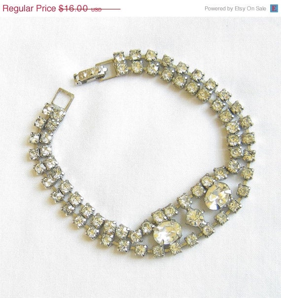 ON SALE Vintage 2 Row Clear Rhinestone with Larger Centerpiece Stones Bracelet