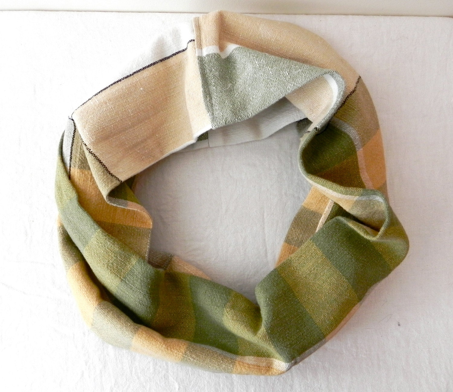 Repurposed Linen Infinity Scarf Sage and Gold Plaid