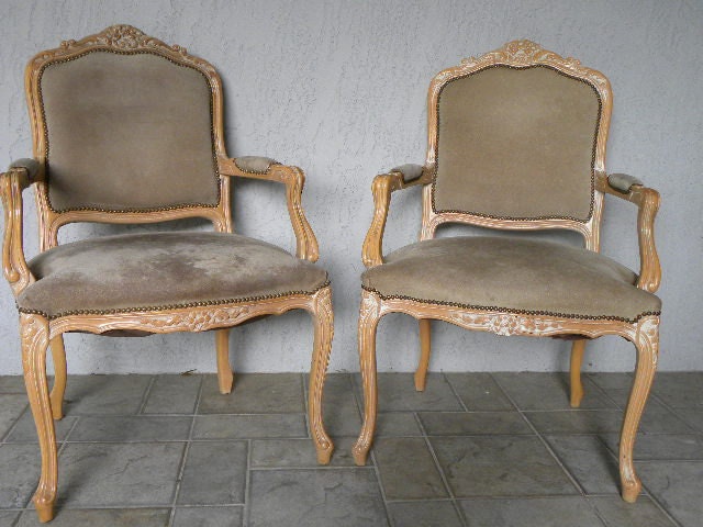 Vintage French Style Pair of Arm Chairs Suede Upholstery Louis XV Cottage Chic