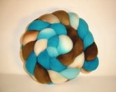 Roving, Combed Top, Spinning fiber, Falkland Hand dyed in TROUBLE  4 oz braid Turquoise Blue, white and chocolate